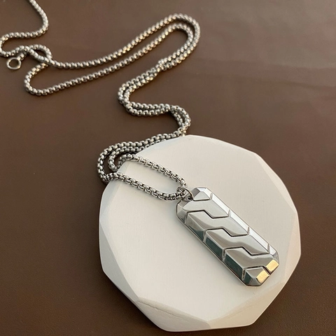 Men Titanium Steel Pendant Necklace Rectangular Plate Geometric Tire Texture Industrial Hip Hop Style Long Chain
