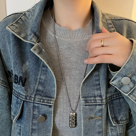 Men Titanium Steel Pendant Necklace Rectangular Plate Geometric Tire Texture Industrial Hip Hop Style Long Chain