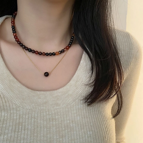 Double Layer Necklace Colorful Agate Beads Titanium Steel Clavicle Chain For Women Retro Elegant Polished Jewelry