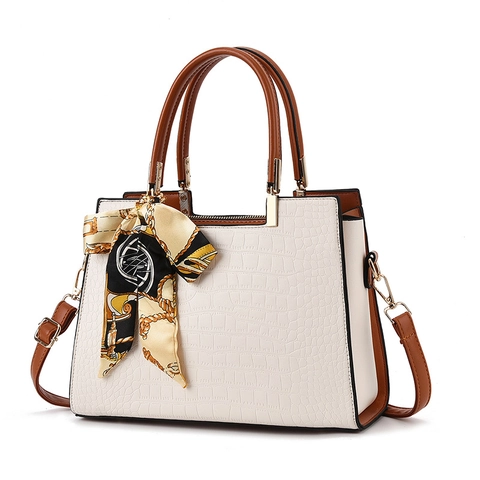 Crocodile Embossed Handbag With Scarf Large Capacity PU Leather Tote Bag Top Handle Shoulder Bag Commute Women Satchel