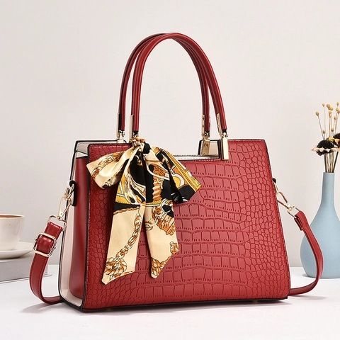 Crocodile Embossed Handbag With Scarf Large Capacity PU Leather Tote Bag Top Handle Shoulder Bag Commute Women Satchel