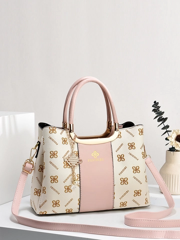 Damen PU Leder Monogram Handtasche Color Block Schulter Umhängetasche Mit Metallgriff Künstliche Perlenanhänger Vintage Mode Tote Bag