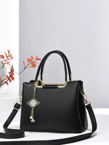 Bolso De Mano Para Mujer Cuero PU Textura Lychee Gran Capacidad Bolso De Hombro Con Colgante De Nudo Chino