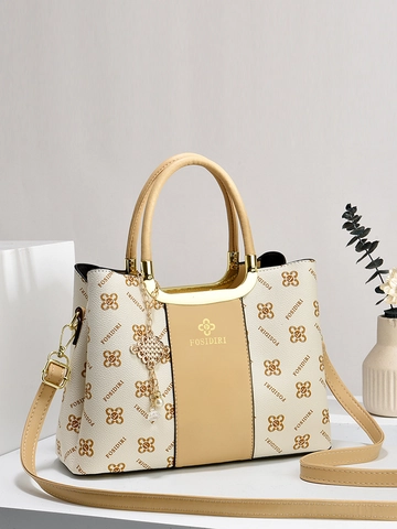 Damen PU Leder Monogram Handtasche Color Block Schulter Umhängetasche Mit Metallgriff Künstliche Perlenanhänger Vintage Mode Tote Bag