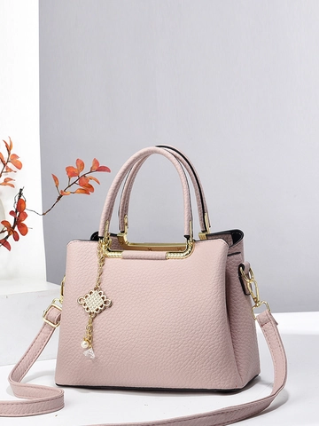 Bolso De Mano Para Mujer Cuero PU Textura Lychee Gran Capacidad Bolso De Hombro Con Colgante De Nudo Chino