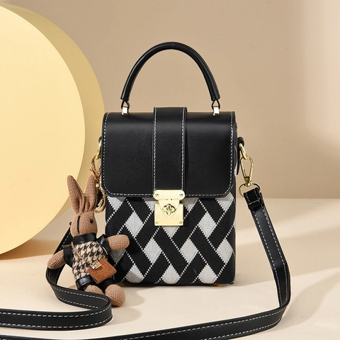 Fashion PU Leather Crossbody Phone Bag Color Block Checkerboard Mini Square Handbag With Cute Rabbit Charm For Women