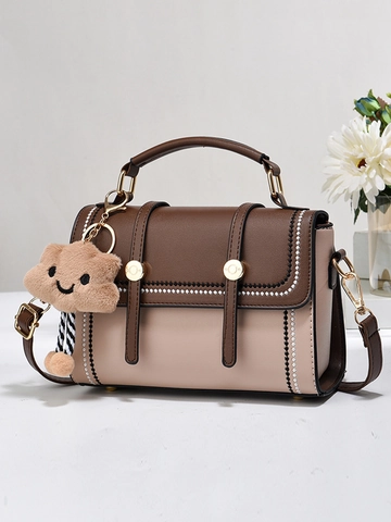 Borsa A Tracolla Da Donna In Pelle PU Colorblock Retro Cuciture A Contrasto Borsa A Mano Con Pendente In Peluche Elegante