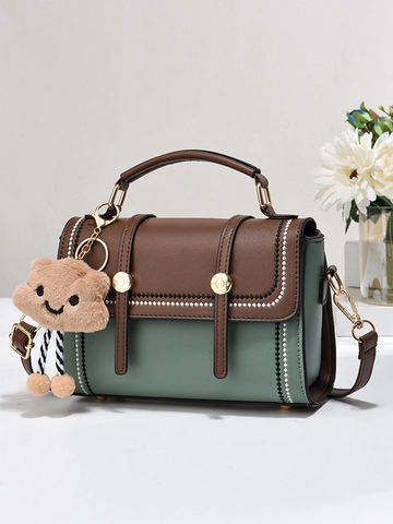 Borsa A Tracolla Da Donna In Pelle PU Colorblock Retro Cuciture A Contrasto Borsa A Mano Con Pendente In Peluche Elegante