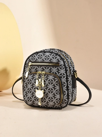 Vintage Monogram Printed PU Leather Mini Backpack For Women Multi-Layer Zipper Crossbody Bag With Cat Pendant Fashion Bag