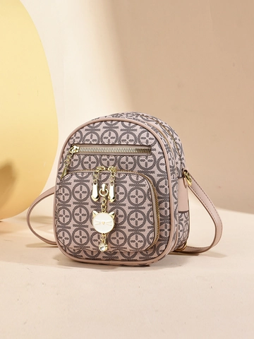 Vintage Monogram Printed PU Leather Mini Backpack For Women Multi-Layer Zipper Crossbody Bag With Cat Pendant Fashion Bag