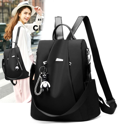 Zaino Moda Donna Tessuto Oxford Impermeabile Antifurto Scuola Casual Multi Tasche Con Simpatico Ciondolo A Orsetto