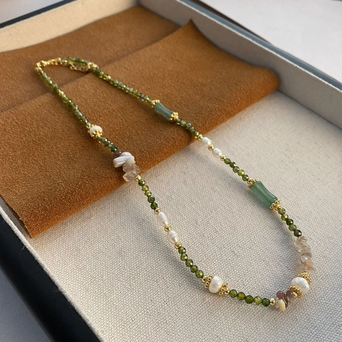 Retro Beaded Necklace Natural Artificial Pearl Titanium Steel Green Agate Bamboo Shape Vintage Style Jewelry For Women
