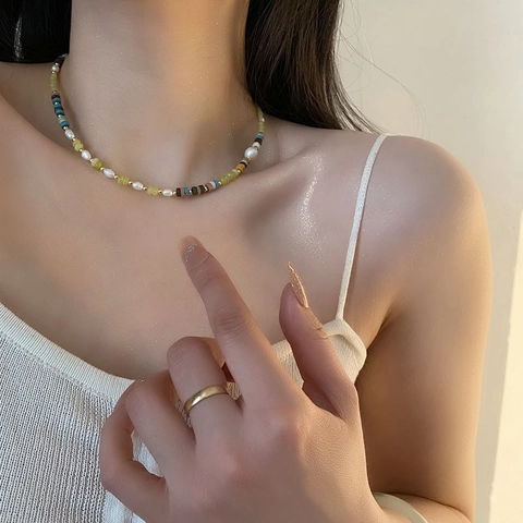 Natural Artificial Pearl Edelstein Künstliche Perlenkette Peridot Vulkanstein Topas Titanstahl Schlüsselbeinkette Vintage Boho Für Frauen