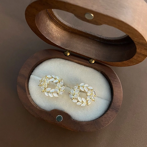Elegant Wheat Wreath Stud Earrings Gold Plated Copper With 925 Sterling Silver Earring Post White Shell Zircon Leaf Women