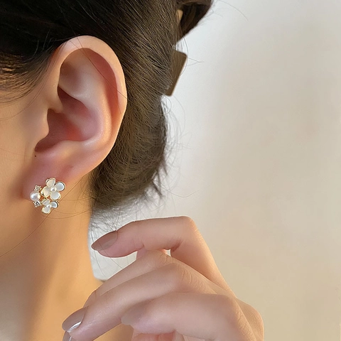 Camellia Flower Stud Earrings Gold Plated Copper With Synthetic Artificial Pearl Zircon And 925 Sterling Silver Earring Post
