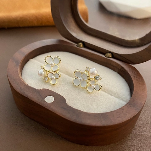 Camellia Flower Stud Earrings Gold Plated Copper With Synthetic Artificial Pearl Zircon And 925 Sterling Silver Earring Post