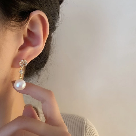 Artificial Pearl Dangle Earrings Flower Zircon Inlaid Gold Plated Copper With 925 Sterling Silver Earring Post