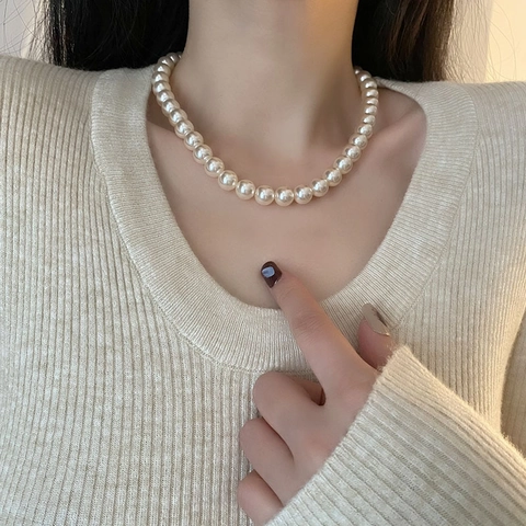 Collier en Künstliche Perles de Verre en Acier Titane Élégant pour Femmes Ras du Cou Minimaliste à Künstliche Perles Rondes Bijoux de Luxe