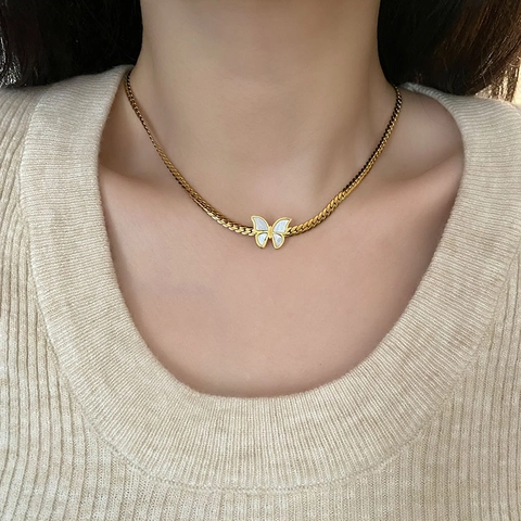 Vlinder Ketting En Armband Titanium Staal Verguld Wit Kunstparelmoer Elegant Minimalistisch Sieraden Vrouwen