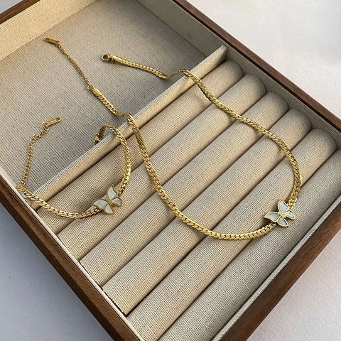 Vlinder Ketting En Armband Titanium Staal Verguld Wit Kunstparelmoer Elegant Minimalistisch Sieraden Vrouwen