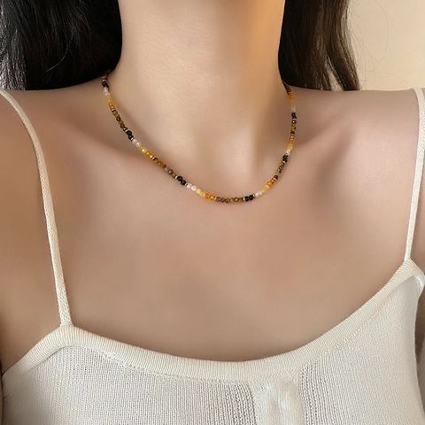 Tiger's Eye Gemstone Beaded Necklace Stainless Steel Zircon Multi Color Retro Bohemian Choker For Women