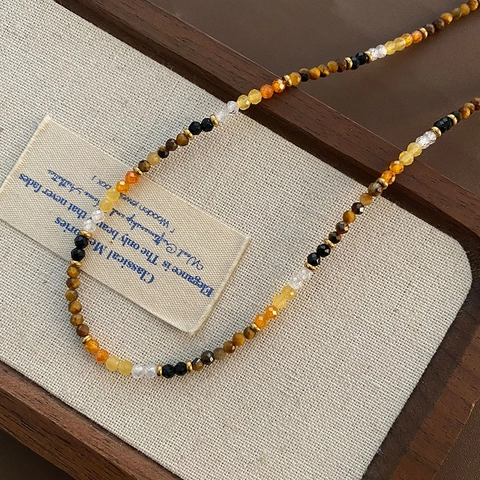 Tiger's Eye Gemstone Beaded Necklace Stainless Steel Zircon Multi Color Retro Bohemian Choker For Women