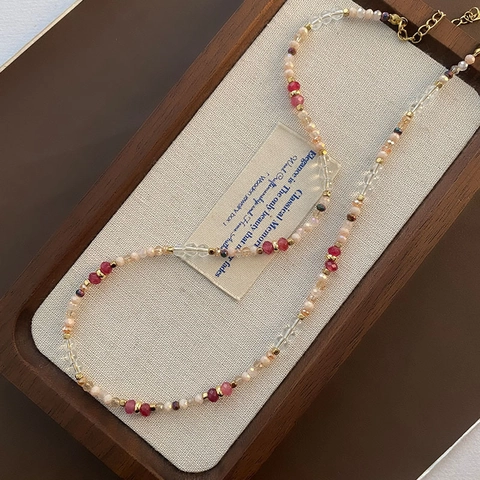 Beaded Necklace Titanium Steel Natural Stone Gold Plated Retro Elegant Niche Aesthetic Jewelry For Women