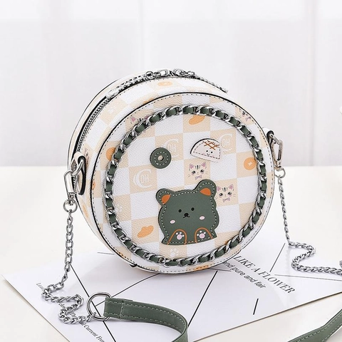 Bolso de Bandolera Redondo Lindo para Mujer Diseño Tablero de Ajedrez Mini Cuero PU Con Oso de Dibujos Animados Y Decoración Cadena