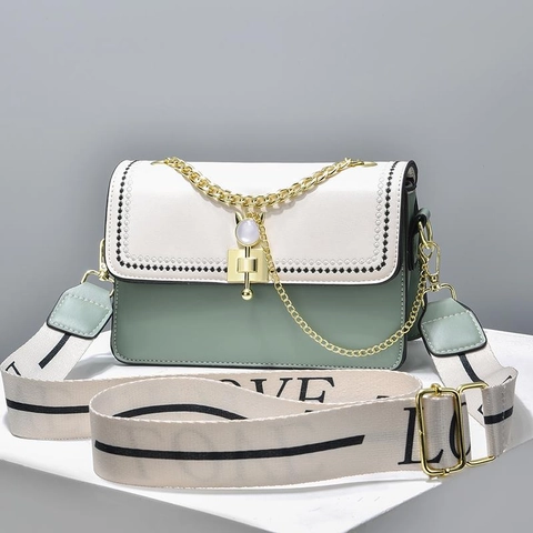 Women Color-block Square Shoulder Bag Synthetic Leather Metal Chain Cat Head Buckle LOVE Letter Strap Casual Crossbody Bag