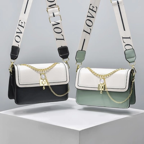 Women Color-block Square Shoulder Bag Synthetic Leather Metal Chain Cat Head Buckle LOVE Letter Strap Casual Crossbody Bag