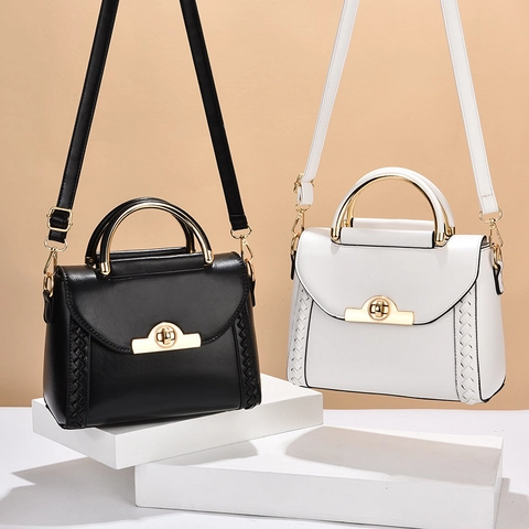 Elegant Women Shoulder Bag PU Leather Woven Edge Top Handle Handbag Crossbody Bag With Turn Lock And Adjustable Strap