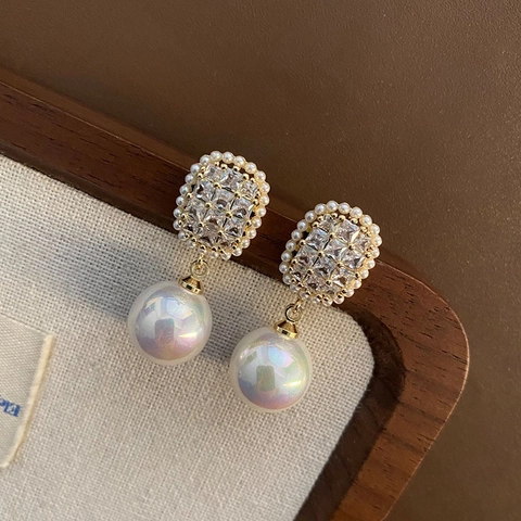 Elegante Kunstparel Drop Oorbellen Cubic Zirconia Koper Verguld Met 925 Sterling Silver Earring Post Retro Franse Stijl