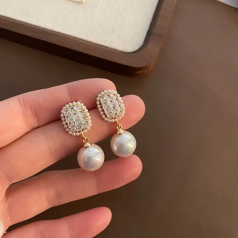 Elegante Kunstparel Drop Oorbellen Cubic Zirconia Koper Verguld Met 925 Sterling Silver Earring Post Retro Franse Stijl