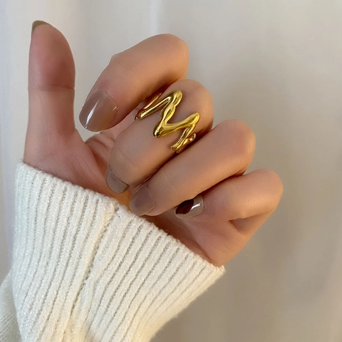 Irregular Wave Lava Open Ring Stainless Steel 18K Gold Plated Minimalist Liquid Metal Geometric Adjustable Jewelry For Women