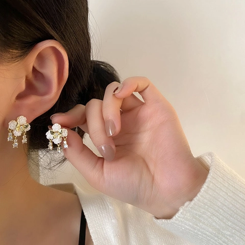 Boucles D'oreilles Pendantes Camélia Cuivre Zircon Résine Gland Avec Tige En Argent Sterling 925 Pour Femmes