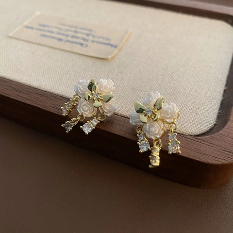 Boucles D'oreilles Pendantes Camélia Cuivre Zircon Résine Gland Avec Tige En Argent Sterling 925 Pour Femmes