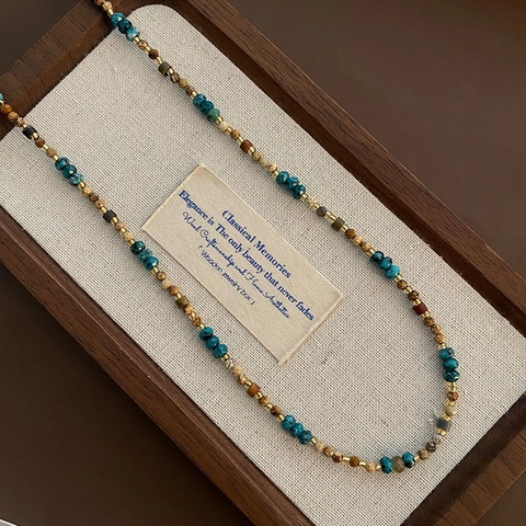 Natural Stone Beaded Necklace Titanium Steel Gold Plated Vintage Bohemian Color Block Choker For Women