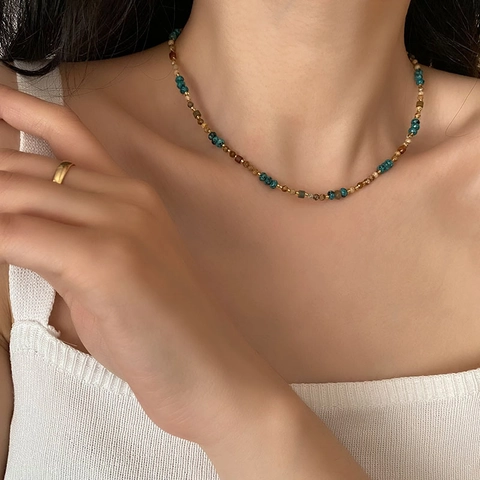 Natural Stone Beaded Necklace Titanium Steel Gold Plated Vintage Bohemian Color Block Choker For Women