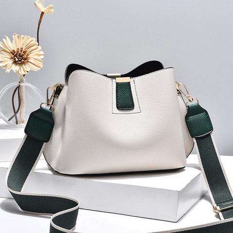 Moda Patrón de Lichi Bolso de Cubo de Cuero PU para Mujer Color de Contraste Bolso de Hombro Correa Ancha Multi-Bolsillo Diario