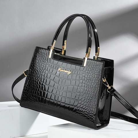 Damen Handtasche Krokodilmuster Lackleder Obere Griff Umhängetasche Crossbody Große Kapazität Pendler Büro Dame Stil