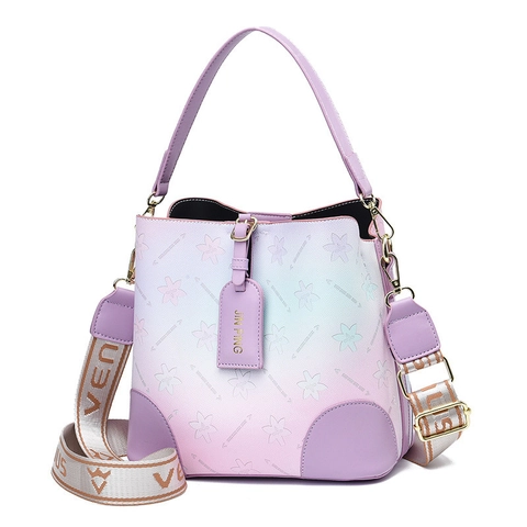 Bolso De Cubo Para Mujer Degradado Arcoíris De Cuero PU Estampado Floral Estrella Bolso De Mano Gran Capacidad Bandolera Ancha