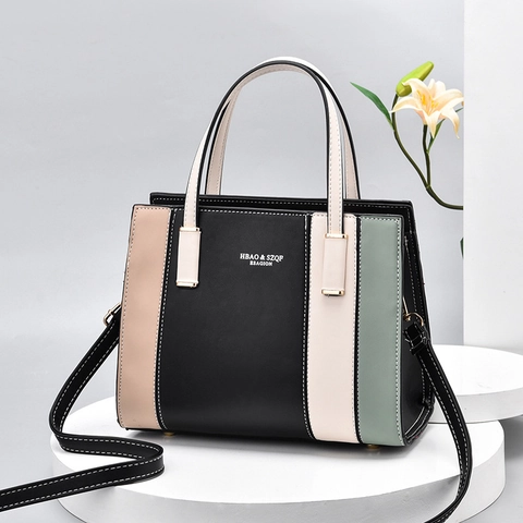 Borsa a Mano da Donna in Pelle PU a Blocchi di Colore di Moda Grande Capacità Splicing Borsa a Tracolla Crossbody Tote Bag