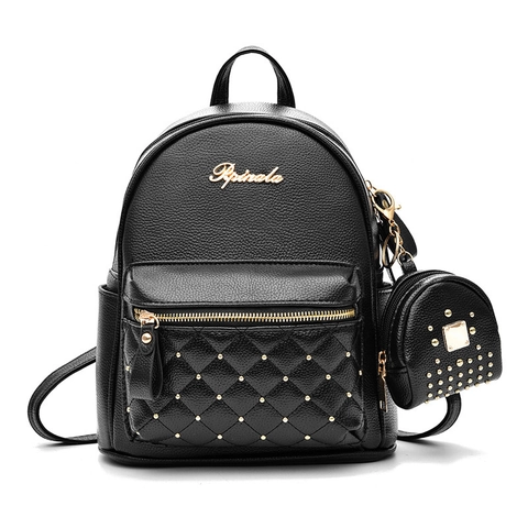 Zaino da Donna alla Moda in Pelle PU Trapuntato con Rivetti e Portamonete Trama Litchi Spalline Regolabili Zainetto
