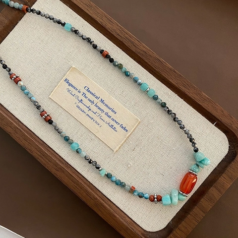 Vintage Handmade Natural Stone Beaded Necklace For Women Bohemian Titanium Steel Agate Clavicle Chain Ethnic Style Jewelry