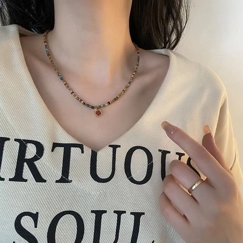 Vintage Natural Stone Beaded Necklace Square Red Zircon Pendant Gold Plated Titanium Steel Bohemian Jewelry Women