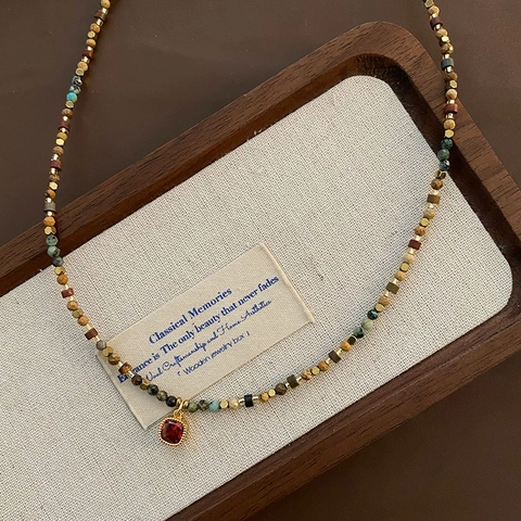 Vintage Natural Stone Beaded Necklace Square Red Zircon Pendant Gold Plated Titanium Steel Bohemian Jewelry Women