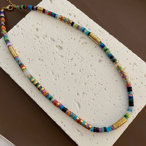 Collana Di Perline In Pietra Naturale Con Gemme Colorate E Distanziatori In Acciaio Inossidabile Stile Bohémien Vintage