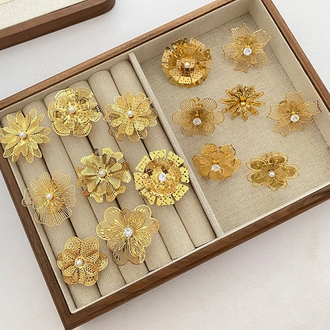 Vintage Vergulde Roestvrij Stalen Holle Bloem Open Ring Voor Vrouwen Dubai Indiase Bruiloft Bruidssieraden Vingerring