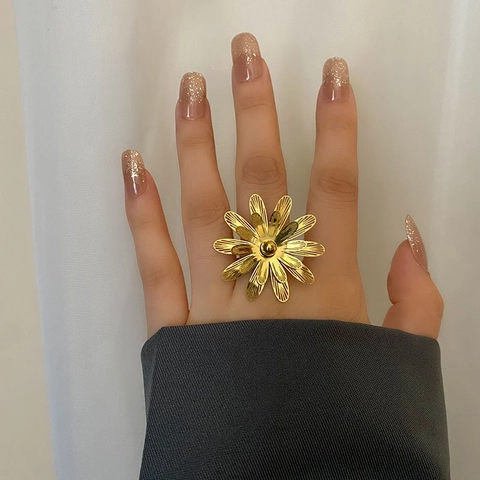 Vintage Vergulde Roestvrij Stalen Holle Bloem Open Ring Voor Vrouwen Dubai Indiase Bruiloft Bruidssieraden Vingerring