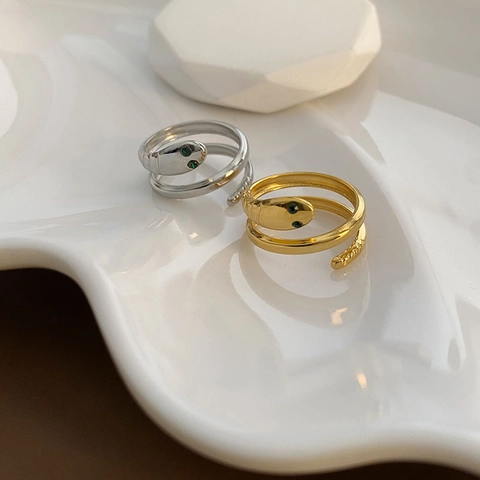 Schlangenring Verstellbarer Offener Ring Titanstahl Retro Vergoldet Silber Grün Edelstein Auge Mode Accessoire Damen